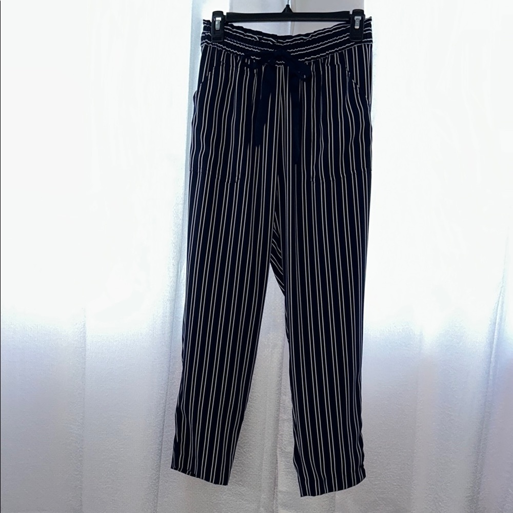 Zara Blue, Black and White Ankle Cropped Pants with Pinstripe Pattern